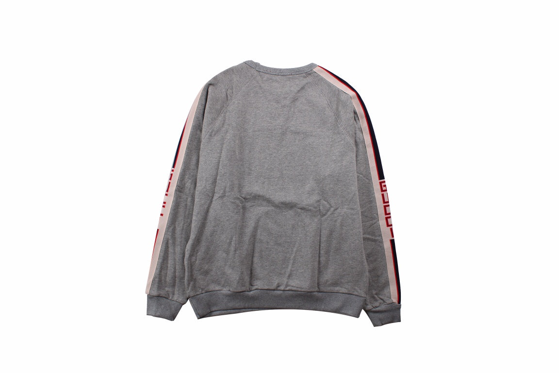 Gucci Sweatshirt With Stripe Detail - Grey Unisex Streetwear Limited Edition - This Gucci sweatshirt features a grey design with colorful stripe details along the sleeves. It