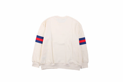Gucci Sweatshirt - Red Unisex Streetwear Limited Edition - Cream sweatshirt with bold GUCCI logo. Blue and red stripe detailing across chest and sleeves.