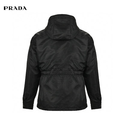 Prada Nylon Hooded Jacket - Black Unisex Streetwear Limited Edition - This Prada jacket features a sleek black design with the iconic Prada triangle logo on
