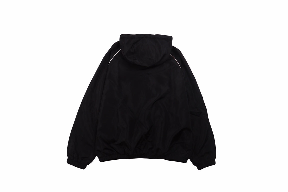 Gucci Jacket - Black Unisex Streetwear Limited Edition - Black hooded jacket with zip closure. Features white piping and drawstrings with Gucci branding. Side