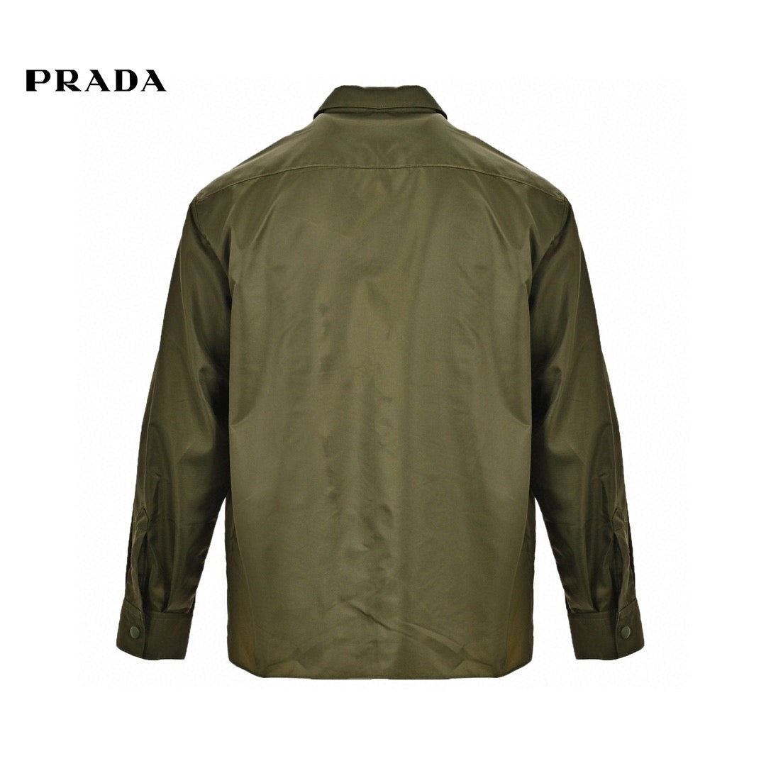 Prada Military Style Jacket - Red Unisex Streetwear Limited Edition - This Prada jacket features a military-inspired design in olive green. It has multiple utility pockets
