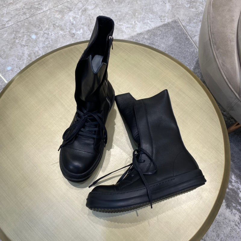 High-Top Leather Lace-up Boots - Black Unisex Streetwear Limited Edition - **High-Top Leather Lace-Up Boots** Introducing the epitome of rugged elegance, these high-top leather lace-up boots