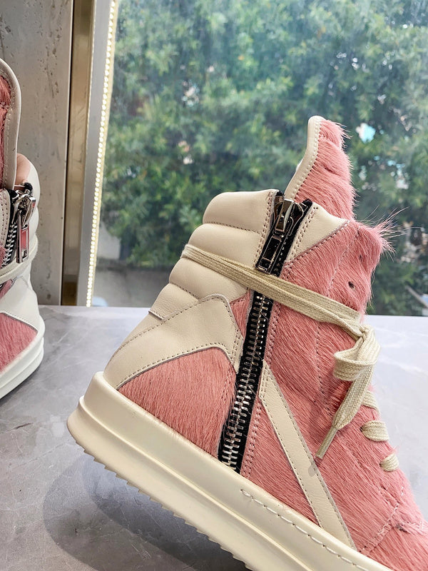 Rick Owens Geobasket Sneakers - Pony Hair - Pink Unisex Streetwear Limited Edition - ### Rick Owens Geobasket Sneakers - Pink Pony Hair Introducing the Rick Owens Geobasket Sneakers