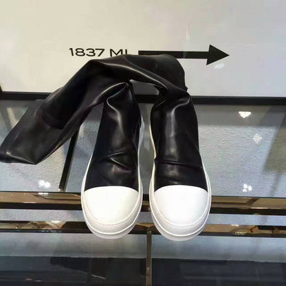 Over-the-Knee Leather Sneakers - Black Unisex Streetwear Limited Edition - **Over-the-Knee Leather Sneakers** Introducing a bold fusion of sneaker and boot, these over-the-knee leather sneakers
