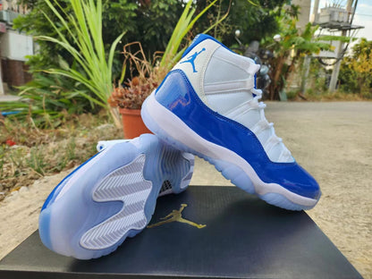 JORDAN 11 Blue And Sneakers - White Unisex Streetwear Limited Edition - The Air Jordan 11 in White and Legend Blue is a refined and timeless sneaker