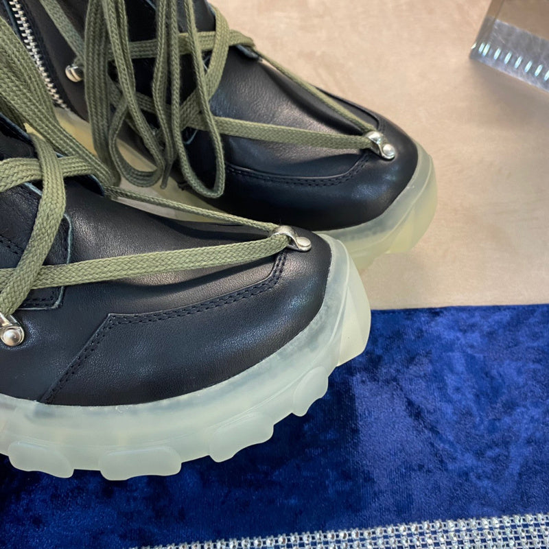 Rick Owens Combat Boots - Leather With Olive Laces And Translucent Sole Jacket - Black Unisex Streetwear Limited Edition - ### Rick Owens Combat Boots - Black Leather with Olive Laces and Translucent