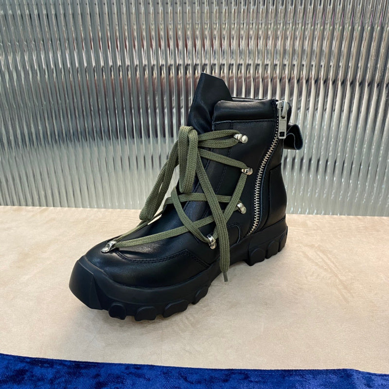 Rick Owens Combat Boots - Leather With Olive Laces Jacket - Black Unisex Streetwear Limited Edition - ### Rick Owens Combat Boots - Black Leather with Olive Laces Introducing the Rick Owens