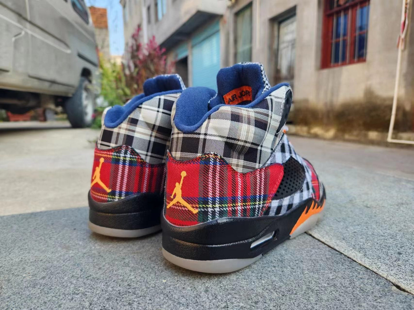 Jordan 5 Bold Plaid Multi-colorway Sneakers - Black Unisex Streetwear Limited Edition - Step out in style with the Air Jordan 5 in a bold plaid multi-colorway, a