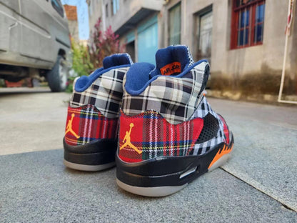 Jordan 5 Bold Plaid Multi-colorway Sneakers - Black Unisex Streetwear Limited Edition - Step out in style with the Air Jordan 5 in a bold plaid multi-colorway, a
