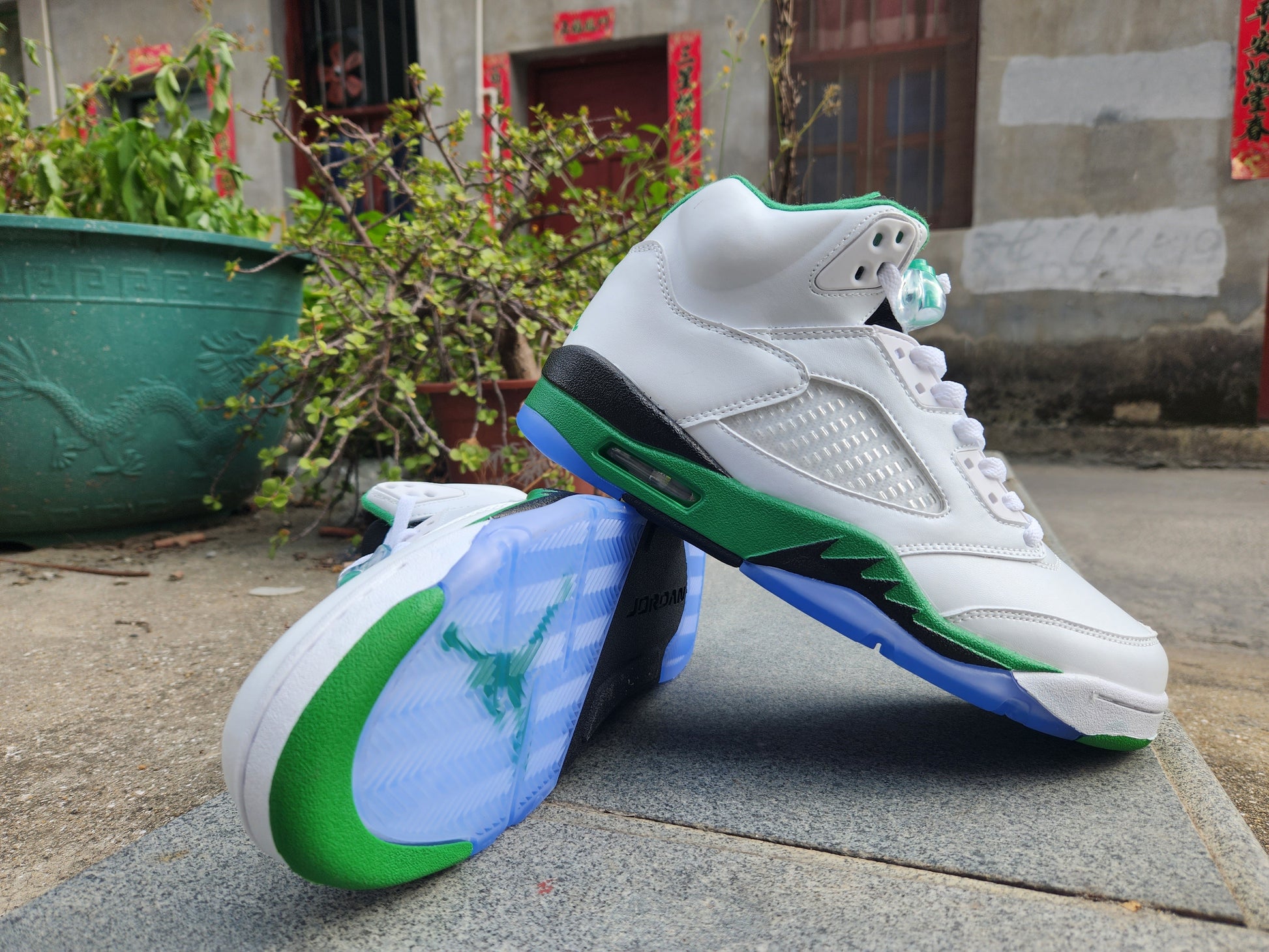 Jordan 5 White, Green And - Black Unisex Streetwear Limited Edition - Refresh your sneaker collection with the Air Jordan 5 in a crisp white, green, and