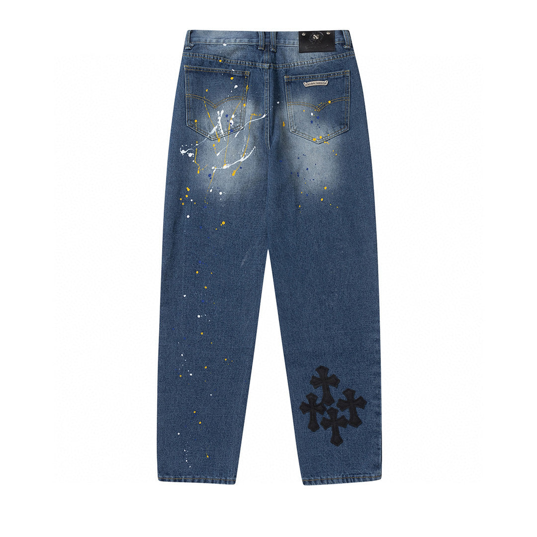 CHROME Hearts Cross Patch Jeans Denim - Green Unisex Streetwear Limited Edition
