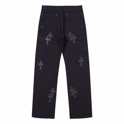 CHROME Hearts Double Knee Carpenter Jeans - Black Unisex Streetwear Limited Edition - The CHROME HEARTS BLACK DOUBLE KNEE CARPENTER JEANS - REPLICA combine rugged utility with luxurious