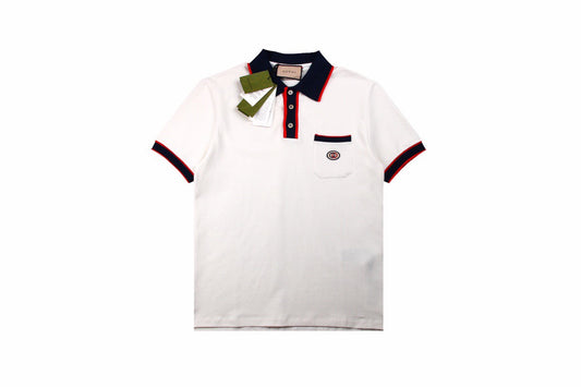 Gucci Polo Shirt With Web Collar (white) Unisex Streetwear Limited Edition - <p dir='ltr'><span>Classic white polo shirt featuring a navy collar and cuffs with red accents.