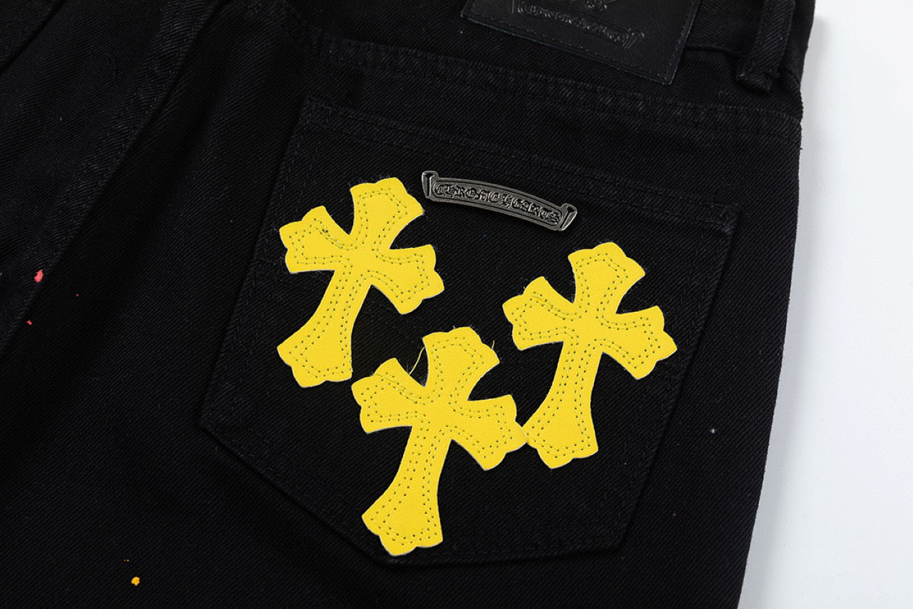 CHROME Hearts Paint Drip Yellow Cross Patch Jeans - Black Unisex Streetwear Limited Edition