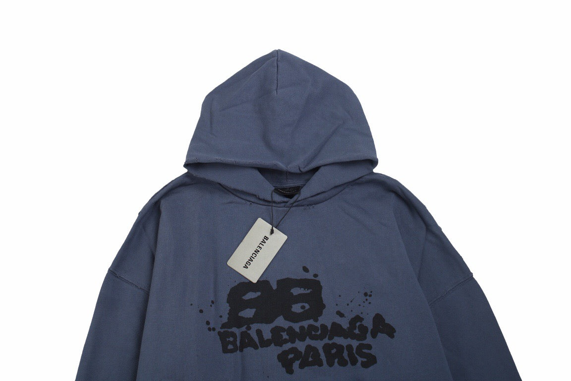 Balenciaga Paris Graffiti Hoodie - - Blue Unisex Streetwear Limited Edition - This blue Balenciaga hoodie features a bold graffiti-style graphic with the 'Balenciaga Paris' logo on