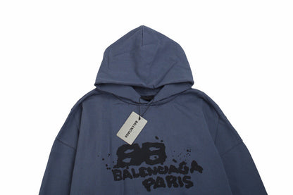 Balenciaga Paris Graffiti Hoodie - - Blue Unisex Streetwear Limited Edition - This blue Balenciaga hoodie features a bold graffiti-style graphic with the 'Balenciaga Paris' logo on