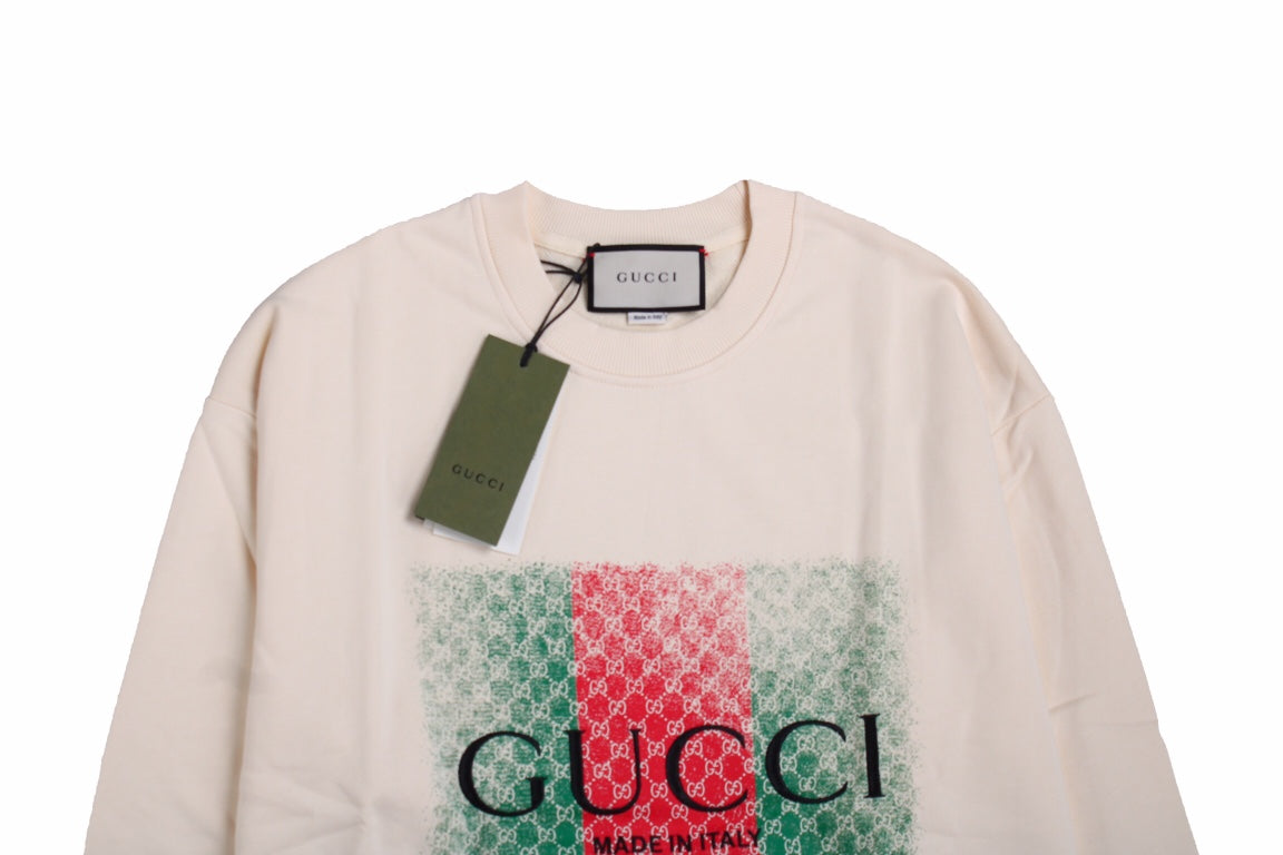 Gucci Sweatshirt - White Unisex Streetwear Limited Edition - White sweatshirt featuring the iconic Gucci green and red web design. Overlaid with the 'GUCCI'