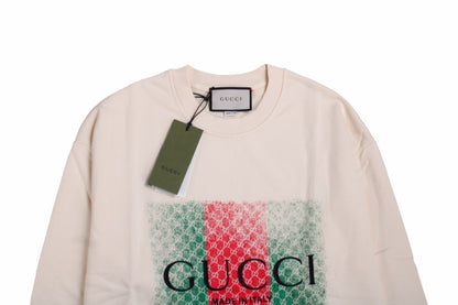 Gucci Sweatshirt - White Unisex Streetwear Limited Edition - White sweatshirt featuring the iconic Gucci green and red web design. Overlaid with the 'GUCCI'