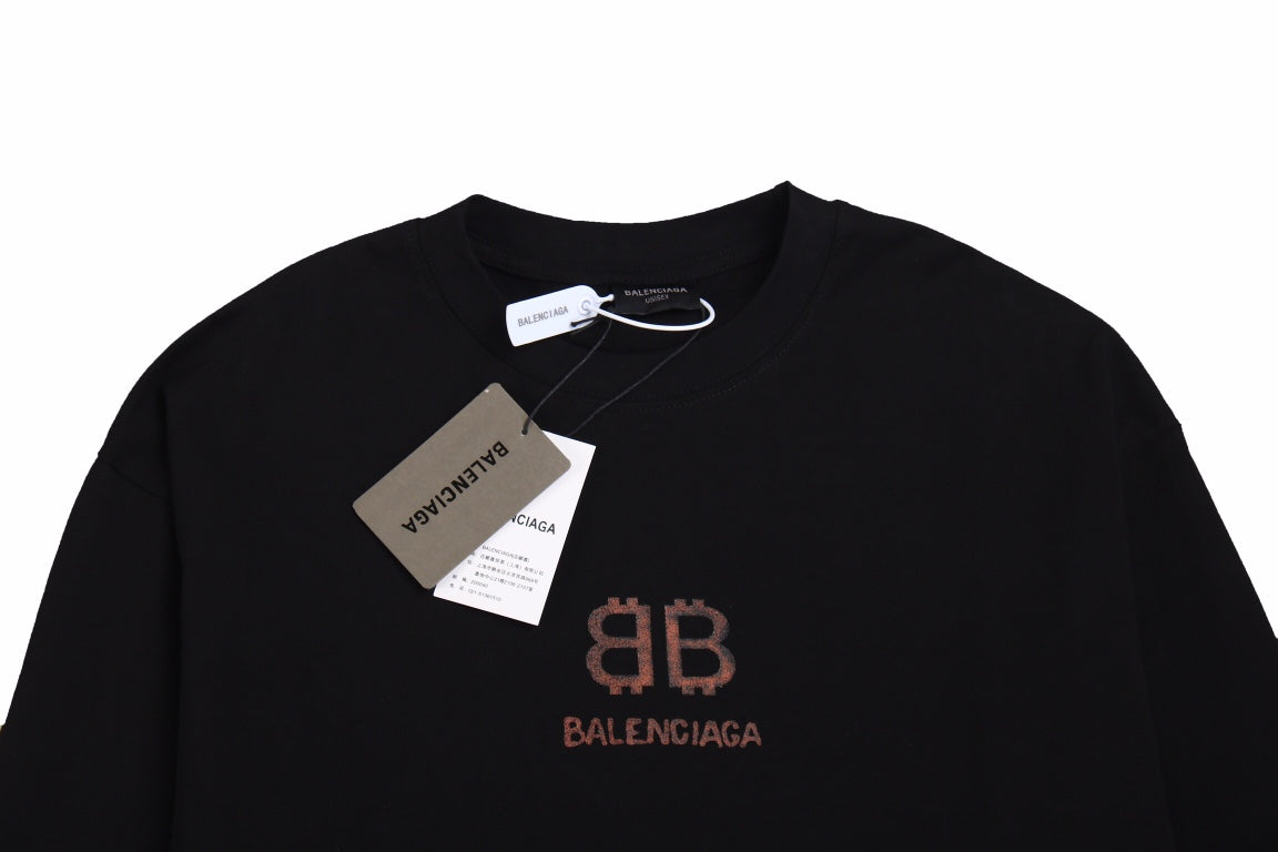 Balenciaga Long Sleeve T-shirt - Black Unisex Streetwear Limited Edition - Black long sleeve t-shirt with brown Balenciaga logo on the chest. Simple and minimalist design.
