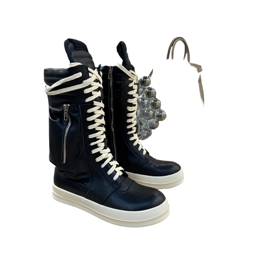 Rick Owens High-top Leather Boots - And Cream T-Shirt - Black Unisex Streetwear Limited Edition - ### Rick Owens High-Top Leather Boots - Black and Cream Introducing the Rick Owens High-Top
