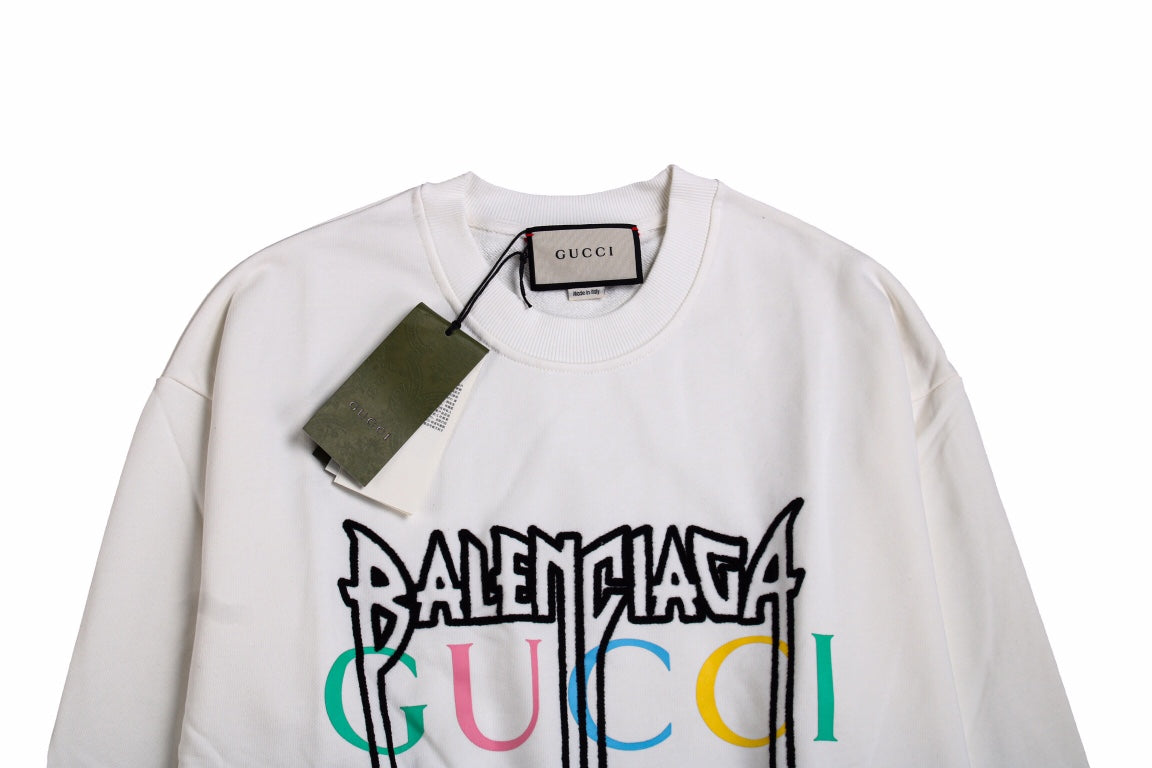 Gucci - Balenciaga Sweatshirt - Black Unisex Streetwear Limited Edition - White sweatshirt featuring a bold graphic design. 'BALENCIAGA' in black gothic font overlaid with 'GUCCI'