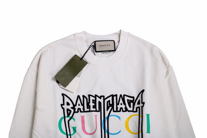 Gucci - Balenciaga Sweatshirt - Black Unisex Streetwear Limited Edition - White sweatshirt featuring a bold graphic design. 'BALENCIAGA' in black gothic font overlaid with 'GUCCI'