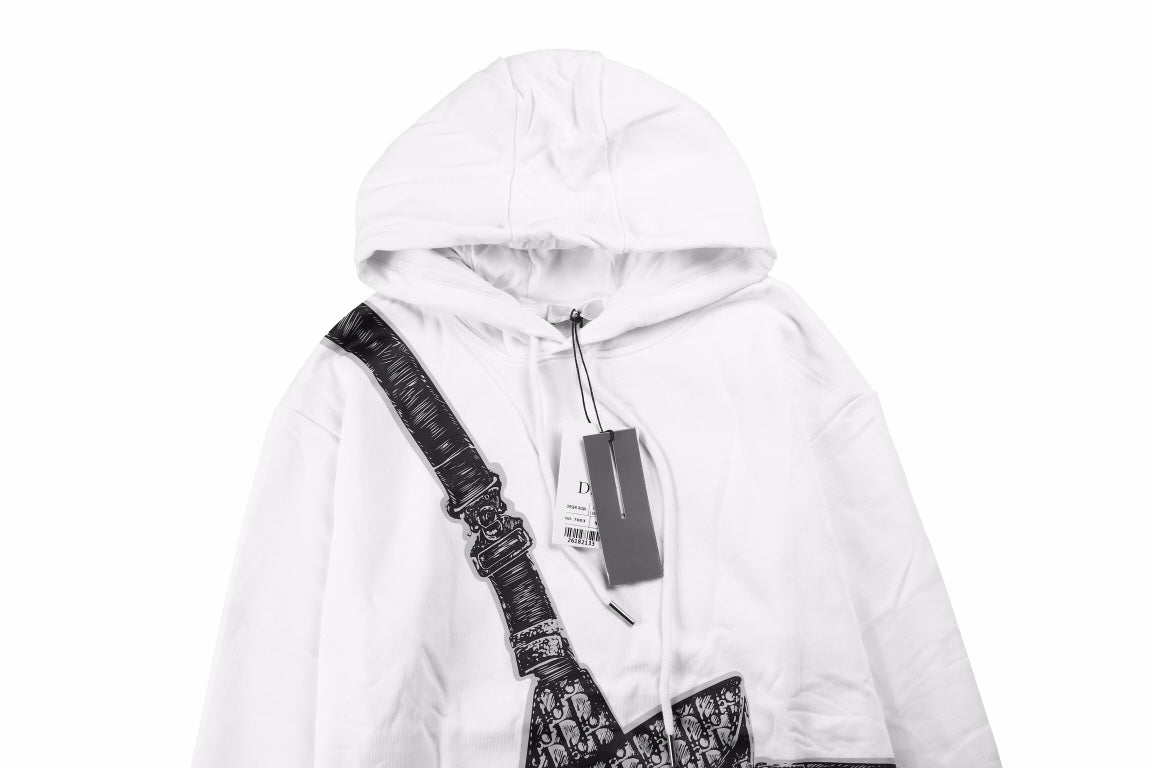 Dior Hoodie With Bag Design - White Unisex Streetwear Limited Edition - This Dior hoodie features a unique graphic of a bag slung across the front, adding