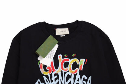 Gucci - Balenciaga Sweatshirt - Black Unisex Streetwear Limited Edition - Black sweatshirt featuring a playful, colorful 'Gucci Balenciaga' graphic. Designed with ribbed cuffs and hem
