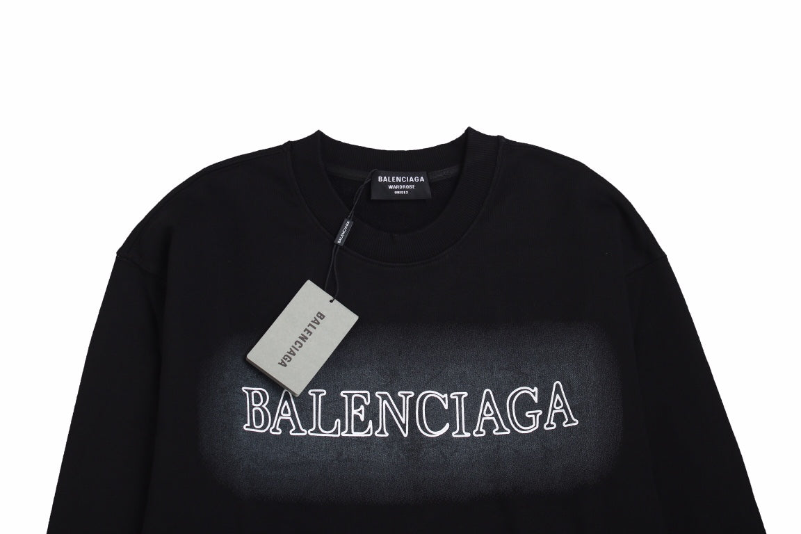 Balenciaga Sweatshirt - Black Unisex Streetwear Limited Edition - Black sweatshirt with white Balenciaga logo on a gradient background on the chest. Comfortable and