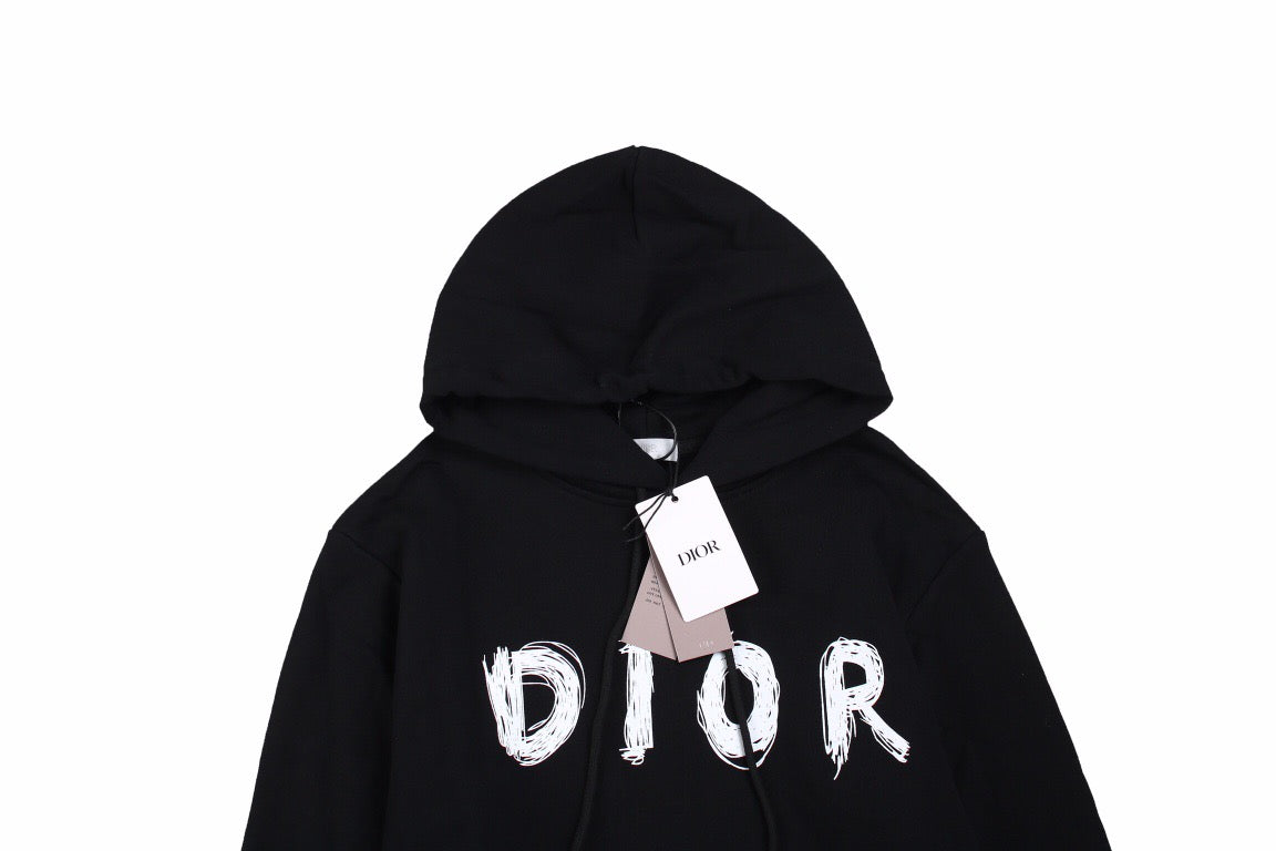Dior Brushstroke Hoodie - Black Unisex Streetwear Limited Edition - This Dior hoodie in black features a bold brushstroke-style 'DIOR' logo on the front. It