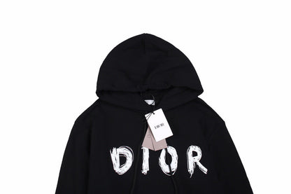 Dior Brushstroke Hoodie - Black Unisex Streetwear Limited Edition - This Dior hoodie in black features a bold brushstroke-style 'DIOR' logo on the front. It