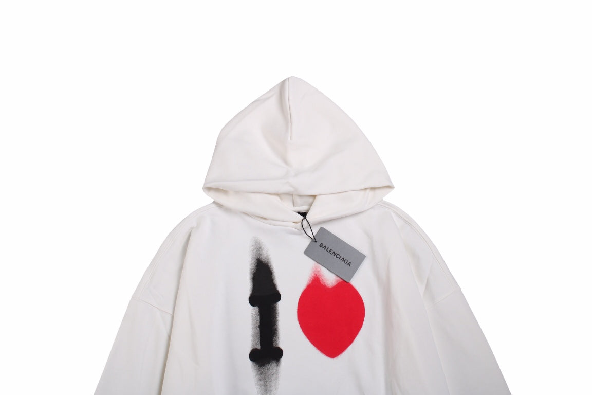 Balenciaga Hoodie With 'i Love' Graphic - White Unisex Streetwear Limited Edition - This Balenciaga hoodie features a striking 'I Love' graphic in bold black and red on