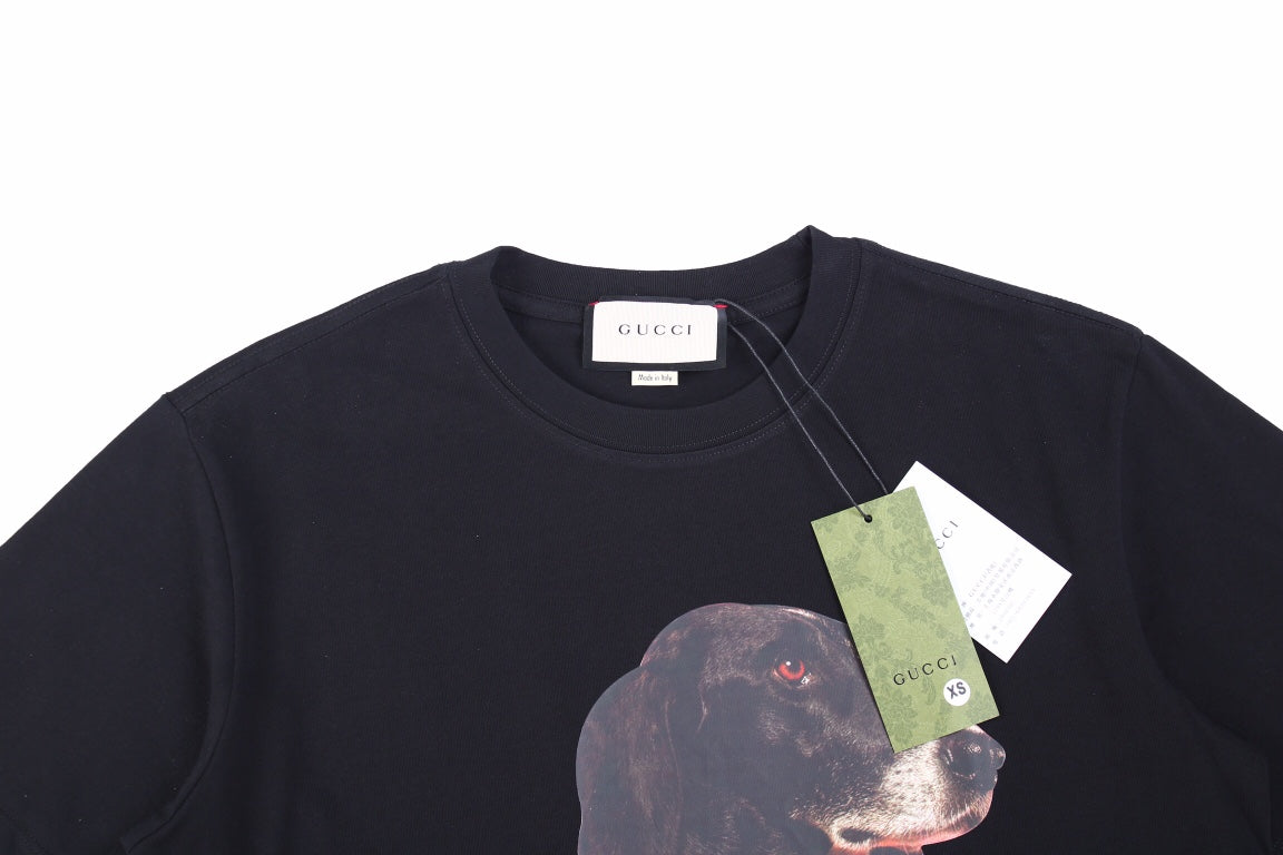 Gucci Dog Print T-shirt In - Black Unisex Streetwear Limited Edition - Featuring an arresting graphic of a dog donned in a pink Gucci harness, this black