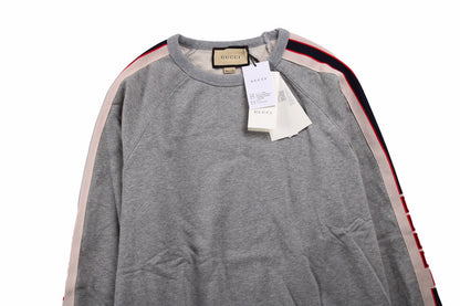Gucci Sweatshirt With Stripe Detail - Grey Unisex Streetwear Limited Edition - This Gucci sweatshirt features a grey design with colorful stripe details along the sleeves. It