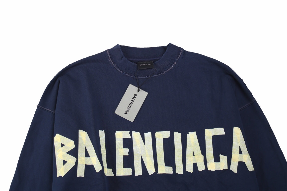 Balenciaga Navy Crewneck Sweatshirt - Blue Unisex Streetwear Limited Edition - This Balenciaga crewneck sweatshirt features a bold, oversized Balenciaga logo across the chest. The navy