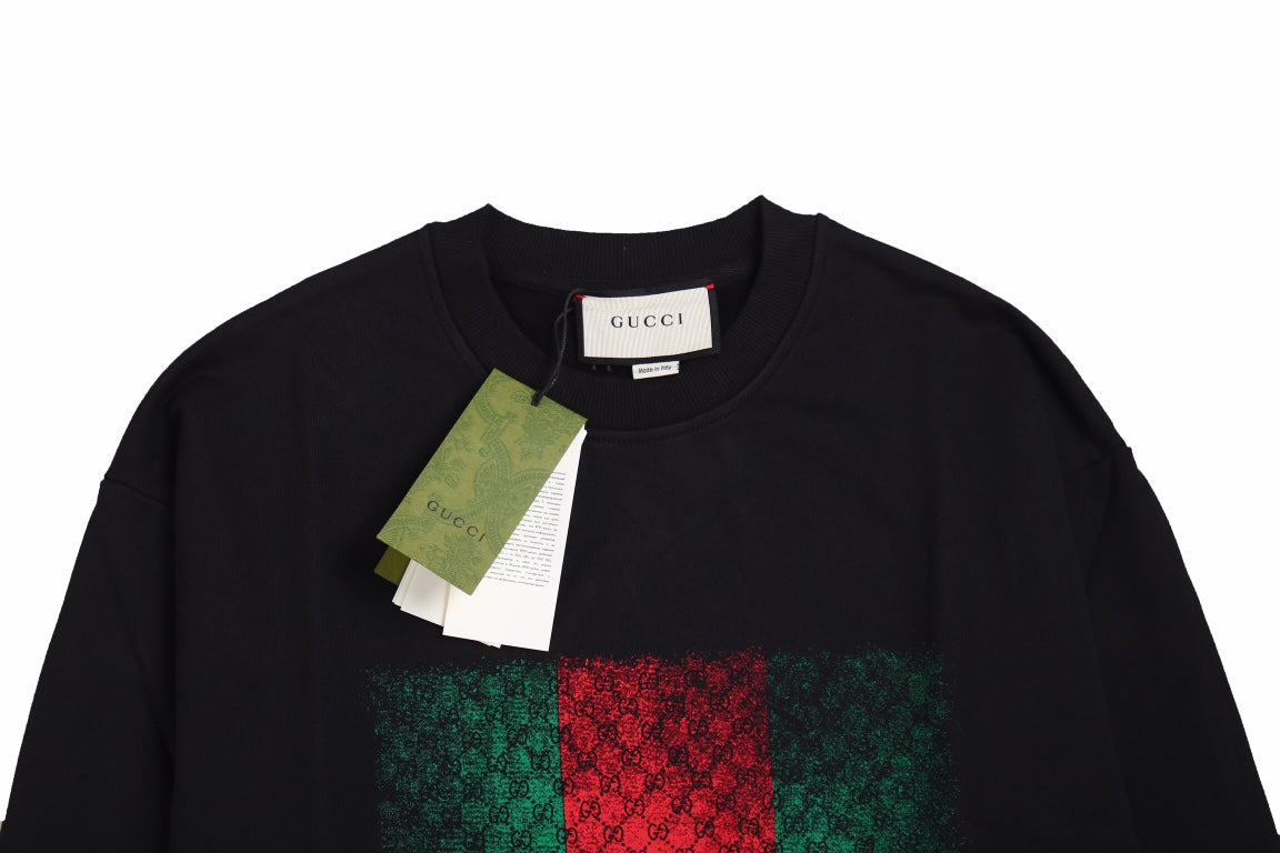 Gucci Sweatshirt - Black Unisex Streetwear Limited Edition - Black sweatshirt featuring the iconic Gucci green and red web design. Overlaid with the 'GUCCI'