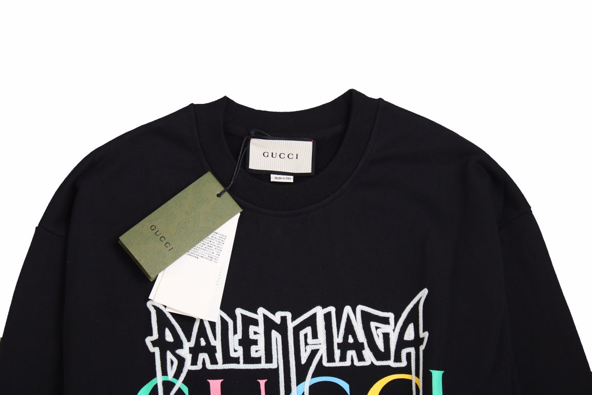 Gucci - Balenciaga Sweatshirt - Black Unisex Streetwear Limited Edition - Black sweatshirt featuring a bold graphic design. 'BALENCIAGA' in white gothic font overlaid with 'GUCCI'
