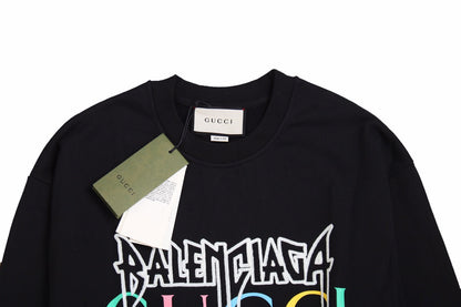 Gucci - Balenciaga Sweatshirt - Black Unisex Streetwear Limited Edition - Black sweatshirt featuring a bold graphic design. 'BALENCIAGA' in white gothic font overlaid with 'GUCCI'