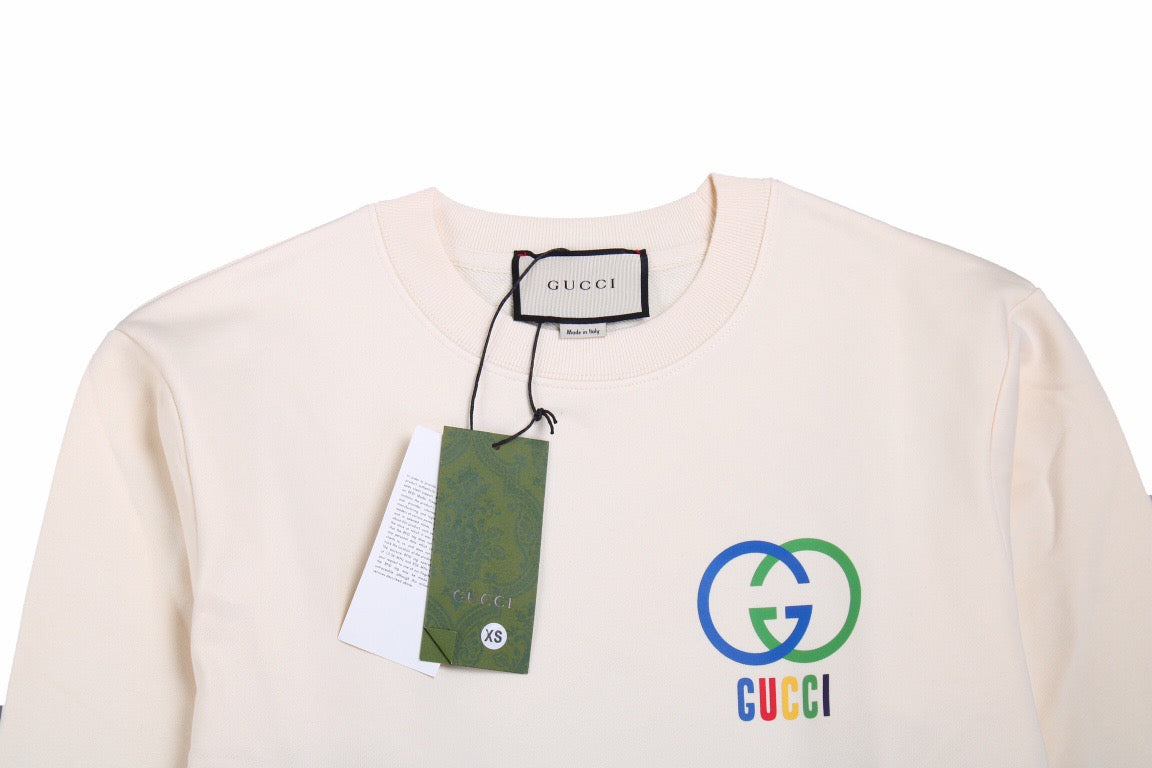 Gucci Interlocking G Sweatshirt - - Cream Unisex Streetwear Limited Edition - This cream-colored Gucci sweatshirt showcases the iconic interlocking G logo in a striking blue and