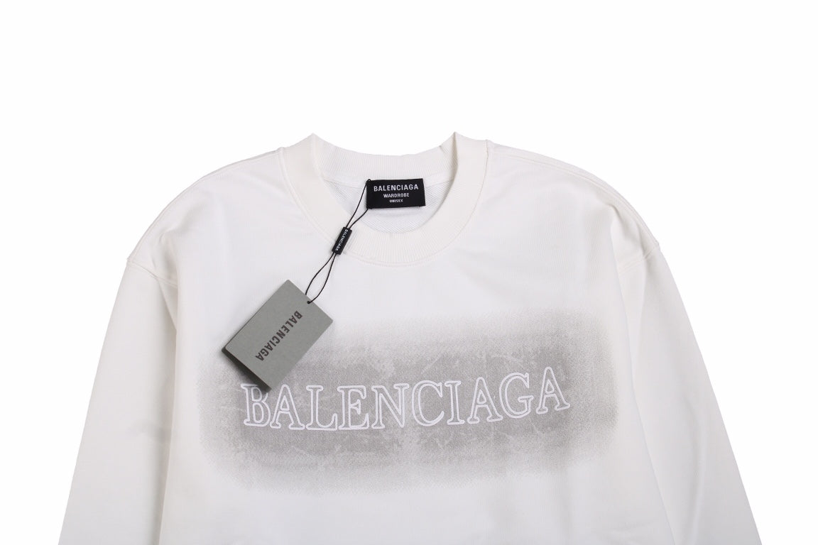 Balenciaga Sweatshirt - White Unisex Streetwear Limited Edition - White sweatshirt with gray gradient background and white Balenciaga logo on the chest. Comfortable and