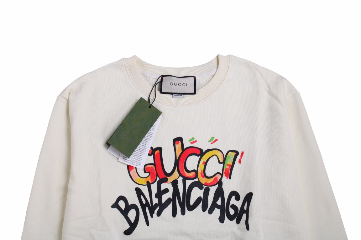 Gucci - Balenciaga Sweatshirt - White Unisex Streetwear Limited Edition - White sweatshirt featuring a playful, colorful 'Gucci Balenciaga' graphic. Designed with ribbed cuffs and hem