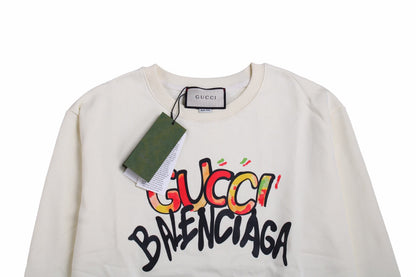 Gucci - Balenciaga Sweatshirt - White Unisex Streetwear Limited Edition - White sweatshirt featuring a playful, colorful 'Gucci Balenciaga' graphic. Designed with ribbed cuffs and hem