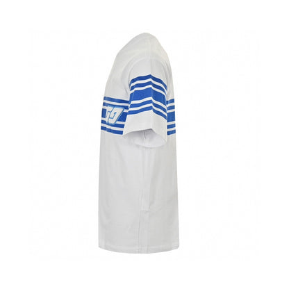 Gucci Gg Blue Stripe T-shirt - White Unisex Streetwear Limited Edition - This Gucci t-shirt features a stylish blue stripe design across the chest and sleeves, accented