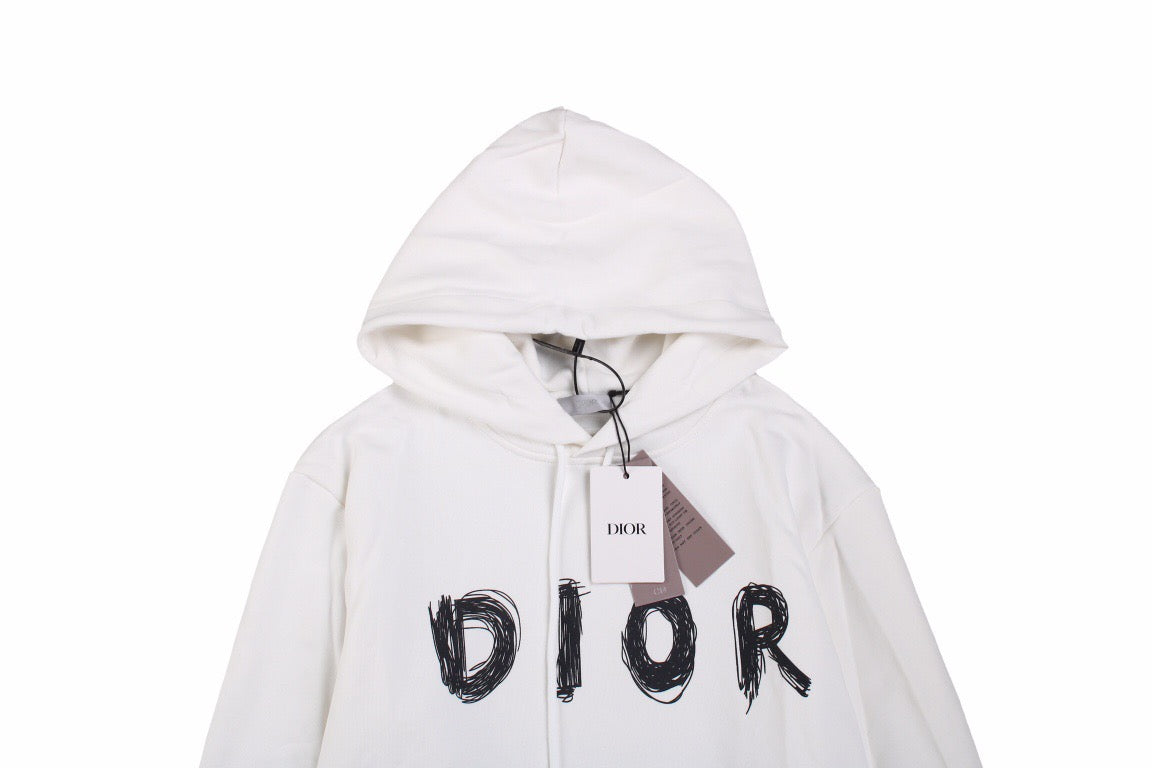 Dior Brushstroke Hoodie - White Unisex Streetwear Limited Edition - This Dior hoodie in white features a bold brushstroke-style 'DIOR' logo on the front. It