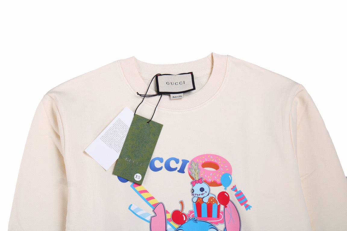 Gucci Stitch Donut Sweatshirt - - Cream Unisex Streetwear Limited Edition - This Gucci sweatshirt in cream features a colorful and playful graphic of Stitch enjoying donuts