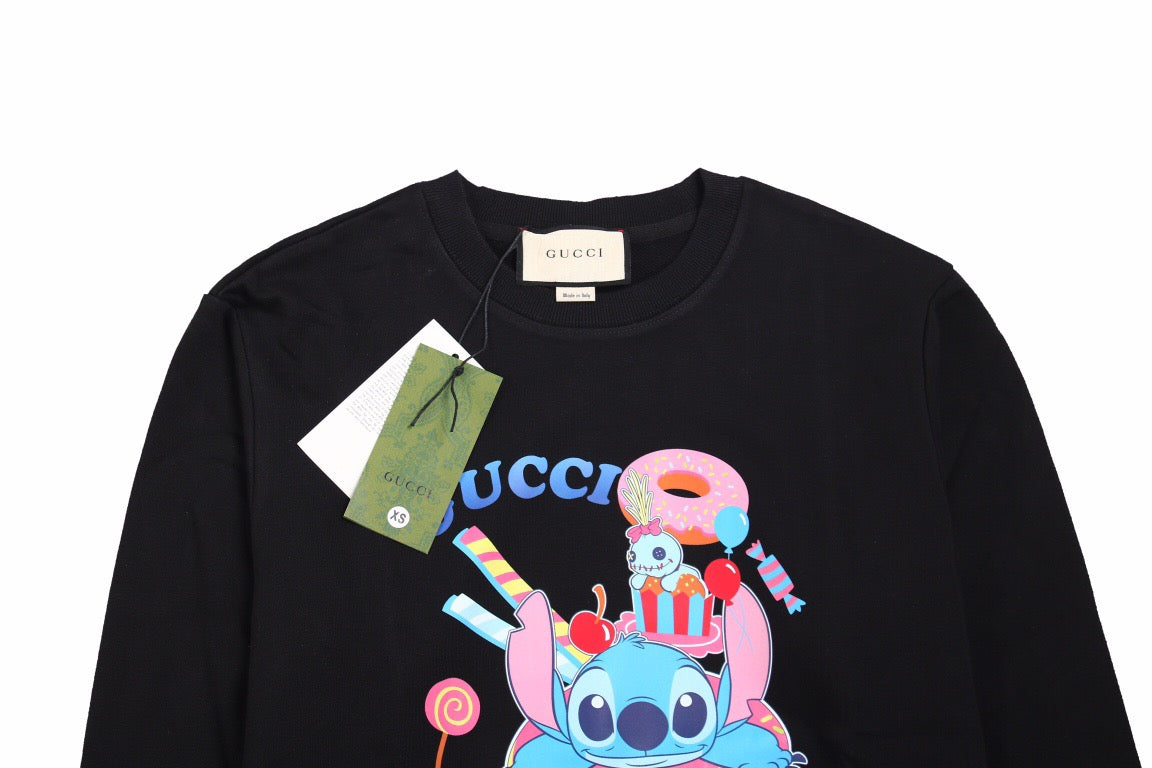 Gucci Stitch Donut Sweatshirt - Black Unisex Streetwear Limited Edition - This Gucci sweatshirt in black features a colorful and fun graphic of Stitch enjoying donuts