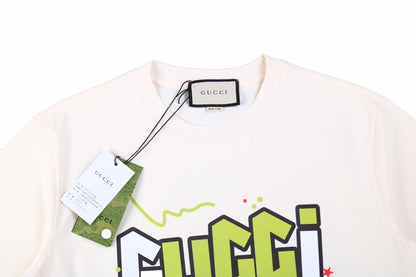 Gucci Lightning Bolt Logo T-shirt In - Cream Unisex Streetwear Limited Edition - This cream Gucci t-shirt captures attention with its playful design, featuring the Gucci logo outlined