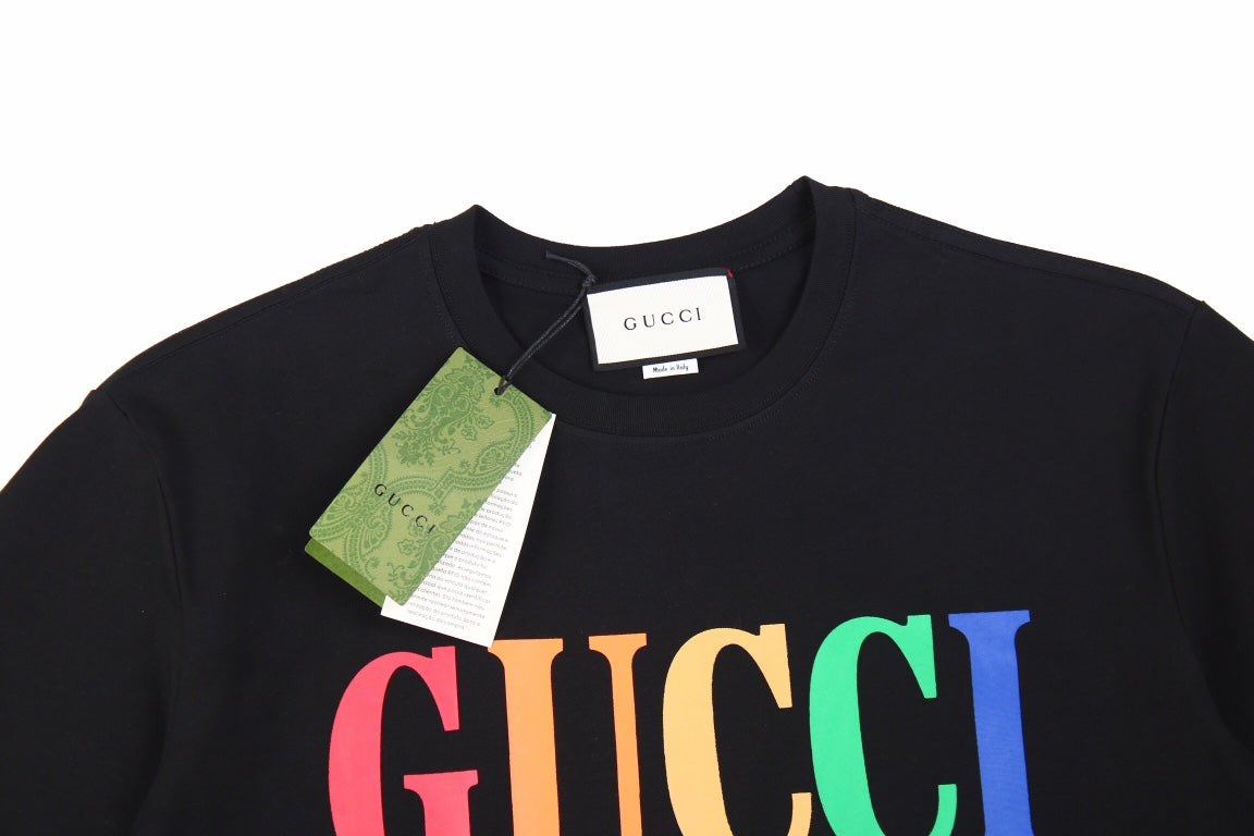 Gucci Cities Block Letter T-shirt - Black Unisex Streetwear Limited Edition - This sleek black Gucci t-shirt features a bold, colorful 'GUCCI' logo across the chest in