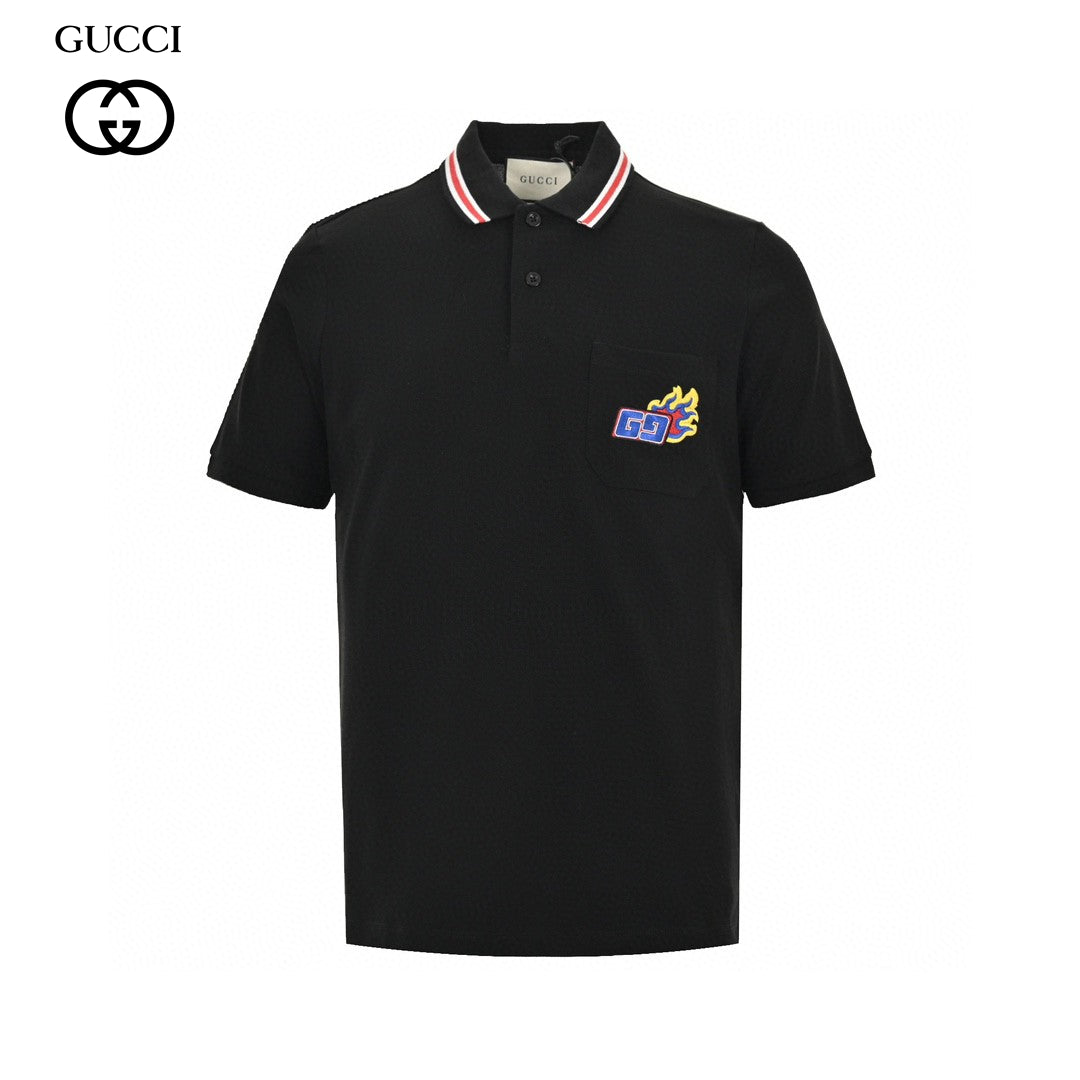 Gucci Flame Logo Polo Shirt - Black Unisex Streetwear Limited Edition - <span>This Gucci polo shirt features a sleek black design with distinctive elements. It includes a