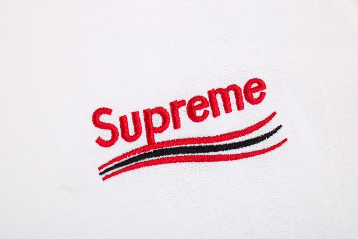 Balenciaga Supreme T-shirt (white) Unisex Streetwear Limited Edition - <span>White t-shirt featuring a small 'Supreme' logo with a wavy underline design on the front.